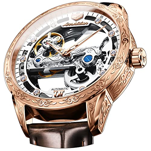 OLEVS Herren Skelett Mechanische Kleid Uhr Automatik Selbstaufzug Wasserdicht Leuchtend Luxus Leder Armbanduhr Uhren, braun / weiß, Mechanisch von OLEVS