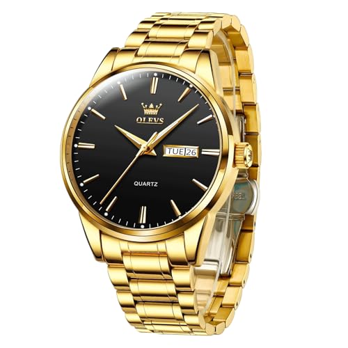 OLEVS Herren Uhr Gold Groß Wählscheibe Luxus Uhren Einfachheit Schwarz Zifferblatt mit Datumsanzeige Armbanduhr Eleganz Leuchtend Wasserdicht Analoger Quarz Herren Uhr von OLEVS