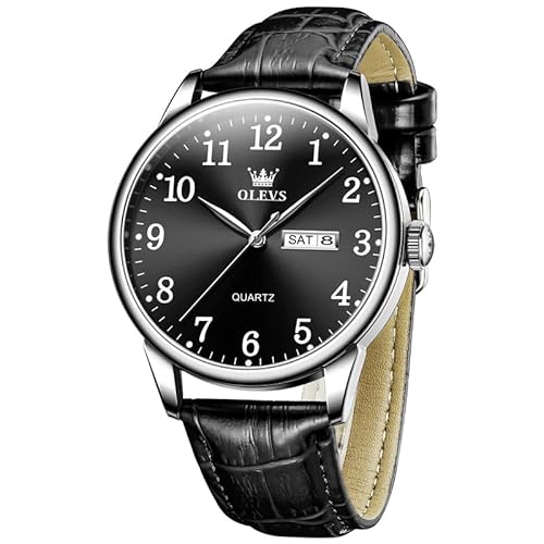 OLEVS Herren Uhr Schwarz Groß Wählscheibe Edelstahl Analoge Quarzuhr Minimalismus Schwarz Lederarmband Business Kleid Uhren mit Datum Leuchtend Wasserdicht Leicht Zu Lesen Watch for Men von OLEVS