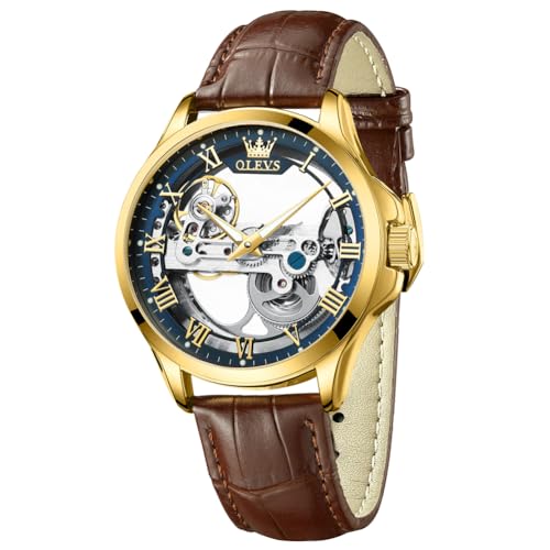 OLEVS Skeleton Automatische Herrenuhren Mechanisch Modisch Luxus Leder Wasserdicht Leuchtende Herren Armbanduhr von OLEVS
