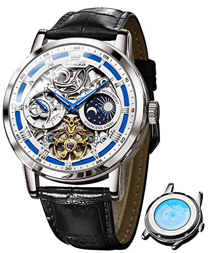 OLEVS Skeleton Herren Automatische Mechanische Uhren Leder Mondphase Selbstaufziehend Luxus Anzug Wasserdicht Leuchtende Armbanduhren für Herren von OLEVS