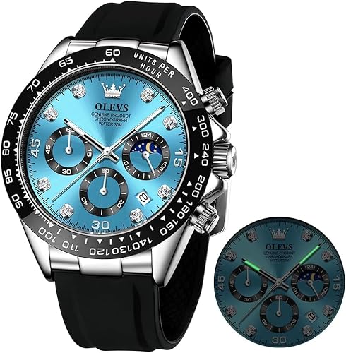 OLEVS Herrenuhr Business Luxus Diamond Moon Phase Männliche Uhr Chronograph Blau Zifferblatt Mode Kleid wasserdichte Datum Analoge wasserdichte Männer Armbanduhr von OLEVS