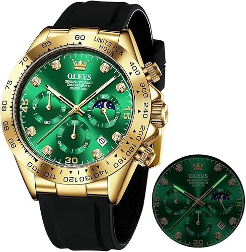 OLEVS Herrenuhr Business Luxus Diamond Moon Phase Männliche Uhr Chronograph Grün Zifferblatt Mode Kleid wasserdichte Datum Analoge wasserdichte Männer Armbanduhr von OLEVS