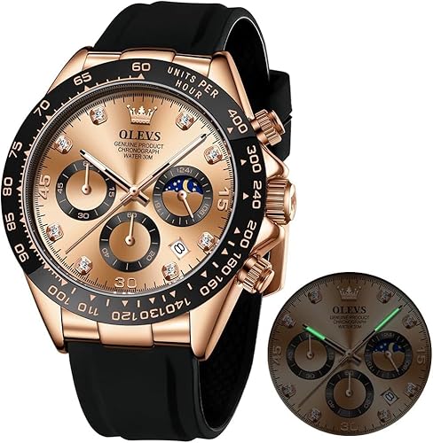 OLEVS Herrenuhr Business Luxus Diamond Moon Phase Männliche Uhr Chronograph Roségold Zifferblatt Mode Kleid wasserdichte Datum Analoge wasserdichte Männer Armbanduhr von OLEVS