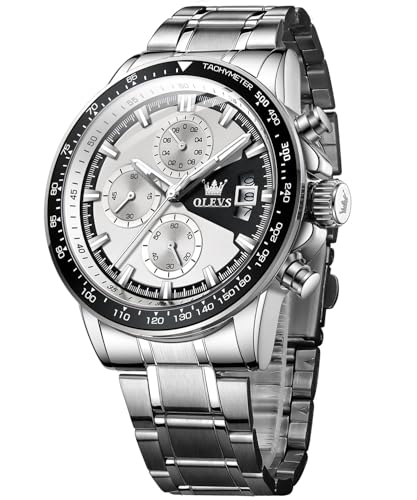 OLEVS Herrenuhren Business Kleid Quarz Multifunktions Chronograph Weißes Zifferblatt Edelstahl Kalender wasserdichte leuchtende Uhren Männe von OLEVS