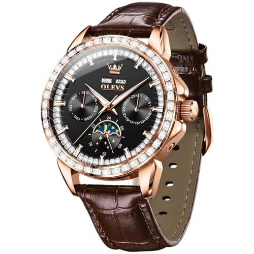 OLEVS Herrenuhr Leder Skelett Automatik Mechanisch Tourbillon Kalender Mondphase Leuchtend Wasserdicht Luxus Business Armbanduhr, 6695: Schwarzes Zifferblatt und braunes Leder von OLEVS