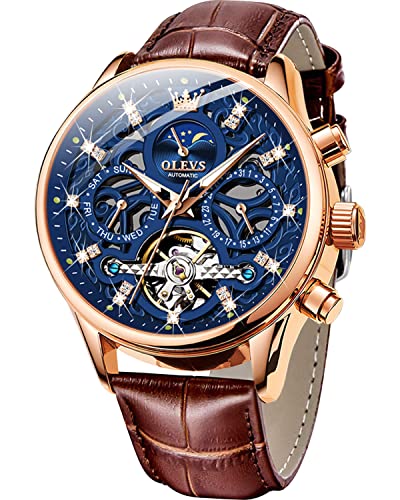 OLEVS Herrenuhr Leder Skelett Automatik Mechanische Tourbillon Kalender Mondphase Leuchtende Wasserdichte Luxus Business Armbanduhr, Z: Blaues Zifferblatt und braunes Leder, Mechanisch von OLEVS