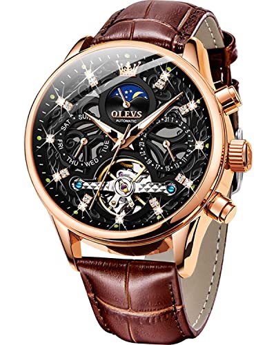 OLEVS Herrenuhr Leder Skelett Automatisch Mechanische Tourbillon Kalender Mondphase Leuchtend Wasserdicht Luxus Business Armbanduhr, Z: Schwarzes Zifferblatt und braunes Leder, Mechanisch von OLEVS