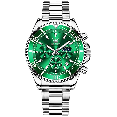OLEVS Herrenuhr Silber Edelstahl Wasserdicht Einfachheit Armbanduhr Chronograph mit Ddatumsanzeige Buisness Grün Herren Kleid Uhr Großes Gesicht Leuchtend Klassisches Analog Quarz Uhr Herren von OLEVS