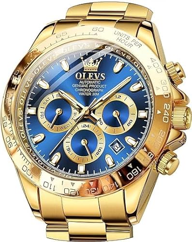 OLEVS Herrenuhren Automatik Blau Goldene Mechanische Luxus Kleid Armbanduhr mit Tag Datum Wasserdicht Uhr von OLEVS