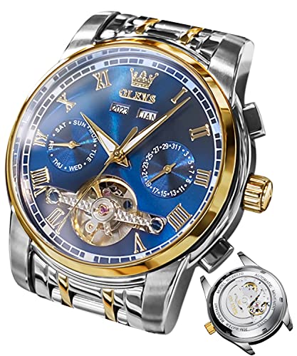 OLEVS Herrenuhren Automatik Blau Mechanische Armbanduhr mit Tourbillon Kalender Wasserdicht Leuchtende Zweifarbige Uhren Männer von OLEVS