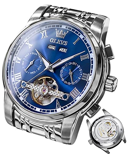 OLEVS Herrenuhren Automatik Blau Mechanische Armbanduhr mit Tourbillon Kalender Wasserdicht Leuchtende Uhren Männer von OLEVS