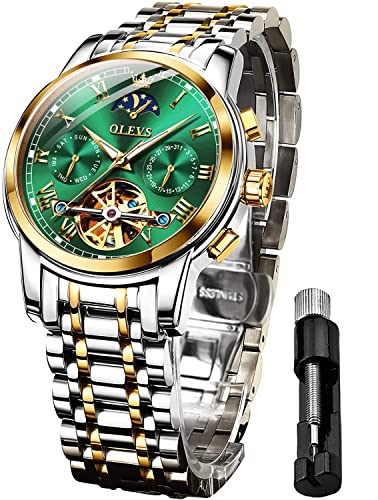 OLEVS Herrenuhren Automatik Grün Skelett Mechanische Luxus Kleid Armbanduhr mit Mondphase Tag Datum Wasserdicht Leuchtende Zweifarbige Uhr von OLEVS