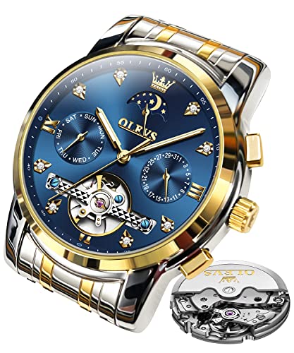 OLEVS Herrenuhren Automatik Mechanische Blau Armbanduhr mit Skelettiertem Tourbillon Kalender Wasserdicht Leuchtende Klassische Luxus Armbanduhren für Herren von OLEVS