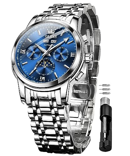 OLEVS Herrenuhren Automatik Mechanische Blau Luxus Kleid Armbanduhr mit Mondphase Tag Datum Jahr Wasserdicht Leuchtende Zweifarbige Uhr von OLEVS