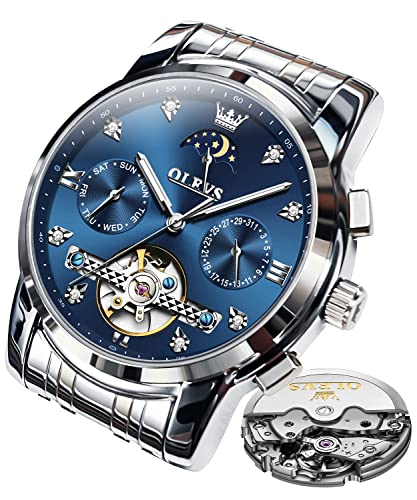 OLEVS Herrenuhren Automatik Mechanische Silber Armbanduhr mit Skelettiertem Tourbillon Kalender Wasserdicht Leuchtende Klassische Luxus Armbanduhren für Herren von OLEVS