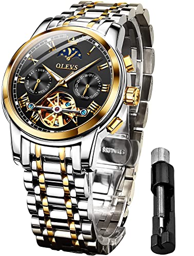 OLEVS Herrenuhren Automatik Schwarz Skelett Mechanische Luxus Kleid Armbanduhr mit Mondphase Tag Datum Wasserdicht Leuchtende Zweifarbige Uhr von OLEVS