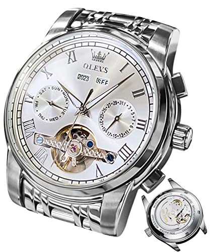 OLEVS Herrenuhren Automatik Silber Mechanische Armbanduhr mit Tourbillon Kalender Wasserdicht Leuchtende Uhren Männer von OLEVS