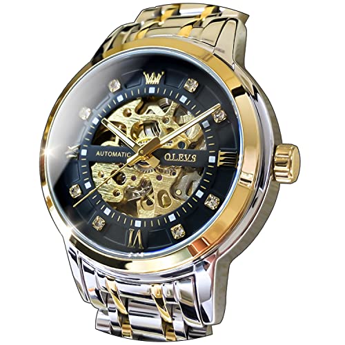 OLEVS Herrenuhren Automatik Skelett Gold Schwarz Mechanische Armbanduhr mit Diamant Wasserdicht Leuchtende Männer Uhr von OLEVS