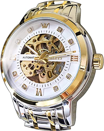 OLEVS Herrenuhren Automatik Skelett Gold Weiß Mechanische Armbanduhr mit Diamant Wasserdicht Leuchtende Männer Uhr von OLEVS