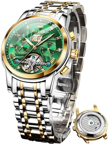 OLEVS Herrenuhren Automatik Skelett Mechanische Grün Kleid Armbanduhr mit Diamant Tourbillon Tag Datum Wasserdicht Leuchtende Zweifarbige Uhr von OLEVS