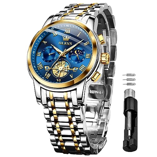 OLEVS Herrenuhren Blau Edelstahlarmband Quarz Uhr Männer mit Römischen Zahlen Mondphase Wasserdicht Leuchtende Klassische Elegantes Armbanduhr Geschenk Sale Marken von OLEVS