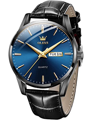 OLEVS Herrenuhren Blau Schwarz Lederarmband Quarz Uhr Männer mit Wochentag Datum Wasserdicht Leuchtende Klassische Elegantes Armbanduhr Geschenk von OLEVS