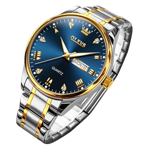 OLEVS Herrenuhren Gold Blau Edelstahl Quarz Uhr Männer mit Diamant Gesicht Tag Datum Wasserdicht Klassische Elegante Armbanduhr Geschenk von OLEVS