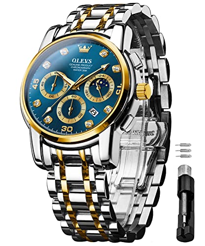 OLEVS Herrenuhren Gold Blau Geschenke Edelstahl Uhr Wasserdicht Leuchtende Lässige Elegante Männer mit Diamant Gesicht Business Quarz Armbanduhr von OLEVS