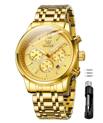 OLEVS Herrenuhren Gold Edelstahl Multifunktionale mit Chronographen Kalender Leuchtende Wasserdicht Luxus Business Quarz Armbanduhr von OLEVS