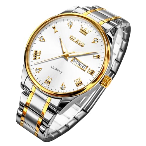 OLEVS Herrenuhren Gold Weiß Edelstahl Quarz Uhr Männer mit Diamant Gesicht Tag Datum Wasserdicht Klassische Elegante Armbanduhr Geschenk von OLEVS