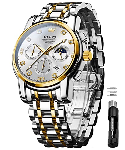 OLEVS Herrenuhren Gold Weiß Geschenke Edelstahl Uhr Wasserdicht Leuchtende Lässige Elegante Männer mit Diamant Gesicht Business Quarz Armbanduhr von OLEVS