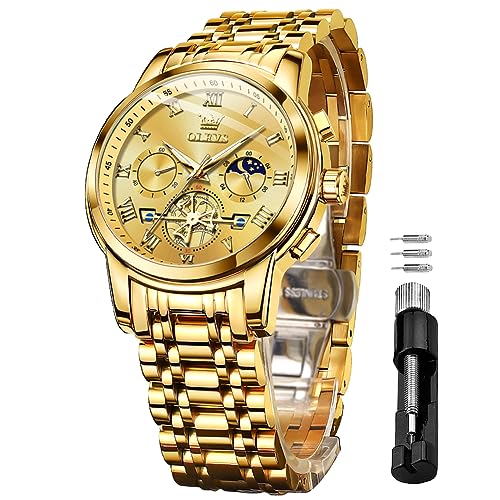 OLEVS Herrenuhren Goldene Edelstahlarmband Quarz Uhr Männer mit Römischen Zahlen Mondphase Wasserdicht Leuchtende Klassische Elegantes Armbanduhr Geschenk Sale Marken von OLEVS