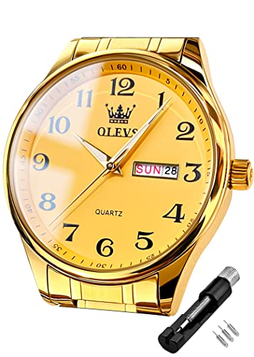 OLEVS Herrenuhren Leicht zu lesen Armbanduhr mit Gold Edelstahlband wasserdichte Kalender von OLEVS
