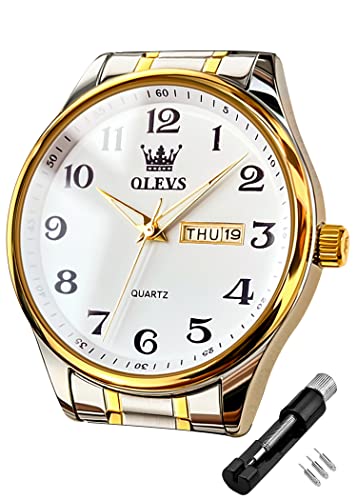 OLEVS Herrenuhren Leicht zu lesen Armbanduhr mit Gold Silber Edelstahlband wasserdichte Kalender von OLEVS