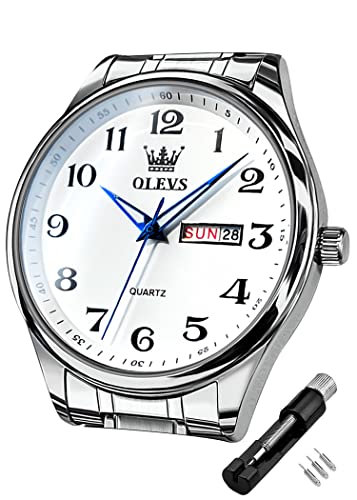 OLEVS Herrenuhren Leicht zu lesen Armbanduhr mit Silber Edelstahlband wasserdichte Kalender von OLEVS