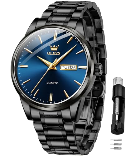 OLEVS Herrenuhren Schwarz Blau Edelstahlarmband Quarz Uhr Männer mit Wochentag Datum Wasserdicht Leuchtende Klassische Elegantes Armbanduhr Geschenk von OLEVS