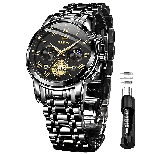 OLEVS Herrenuhren Schwarz Edelstahlarmband Quarz Uhr Männer mit Römischen Zahlen Mondphase Wasserdicht Leuchtende Klassische Elegantes Armbanduhr Geschenk Sale Marken von OLEVS