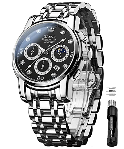 OLEVS Herrenuhren Silber Schwarz Geschenke Edelstahl Uhr Wasserdicht Leuchtende Lässige Elegante Männer mit Diamant Gesicht Business Quarz Armbanduhr von OLEVS