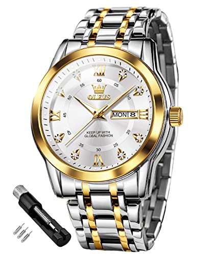 OLEVS Herrenuhren Gold Weiß Edelstahl Uhr Männer mit Diamant Gesicht Quarz Wasserdicht Lässige Elegante Armbanduhr Geschenk von OLEVS