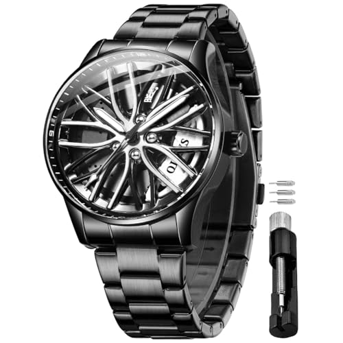 OLEVS Herrenuhren für Herren, Skelett-Quarz, Rennauto, Rad, Edelstahl, lässig, Sport, wasserdicht, leuchtende Herrenuhren, 9937: schwarzes Armband und weißes Zifferblatt, Armband von OLEVS