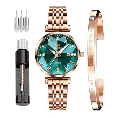 OLEVS Japanische Damenuhren Rosenquarz Gold Kristall Edelstahl Mode Uhr für Frauen Wasserdicht Luxus Elegant Kalender Analog Quarzuhr, GW-G5536-Rosa Green Surface, Klassisch von OLEVS