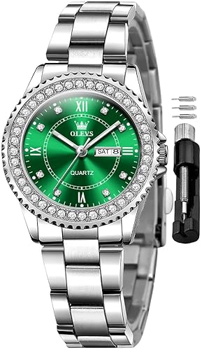 OLEVS Damen-Armbanduhr, Diamantkleid, Quarz, analog, weibliche Uhren, Edelstahl, zweifarbig, wasserdicht, leuchtend, Tag und Datum, Geschenk, 9993: Silber und Grün, Armband von OLEVS