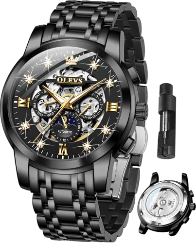 OLEVS Luxuriöse Herren-Armbanduhr, Skelett, Automatikuhr, Diamant, selbstaufziehend, mechanisch, Geschenk, leuchtend, wasserdicht, G6721: Schwarzes Band und schwarzes Zifferblatt von OLEVS