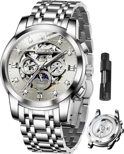 OLEVS Luxuriöse Herren-Armbanduhr, Skelett, Automatikuhr, Diamant, selbstaufziehend, mechanisch, Geschenk, leuchtend, wasserdicht, G6721: Silbernes Band und graues Zifferblatt von OLEVS