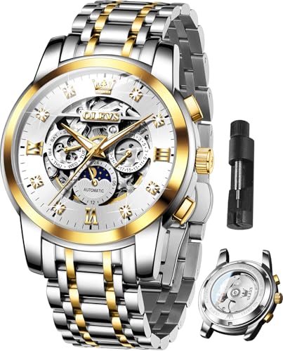 OLEVS Luxuriöse Herren-Armbanduhr, Skelett, Automatikuhr, Diamant, selbstaufziehend, mechanisch, Geschenk, leuchtend, wasserdicht, G6721: Zweifarbiges Band und weißes Zifferblatt von OLEVS