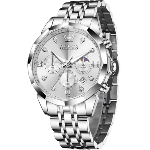 OLEVS Männer Uhr Quarz Luxus Business Uhren Multifunktion Chronograph Mondphase wasserdicht Leuchtend Silber Gesicht Silber Edelstahl Armbanduhr OLEVS Männer Uhr Quarz Luxus Business Uhren Multifunktion Chronograph Mondphase wasserdicht Leuchtend Silber Gesicht Silber Edelstahl Armbanduhr von OLEVS