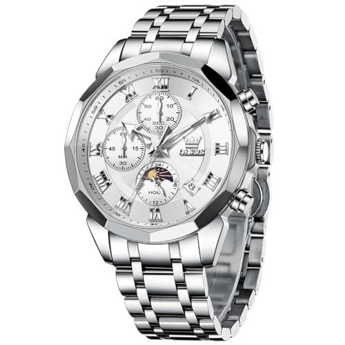 OLEVS Männer Uhr Quarz Luxus Business Uhren Multifunktion Chronograph Mondphase wasserdicht Leuchtend Silber Gesicht Silber Edelstahl Armbanduhren von OLEVS