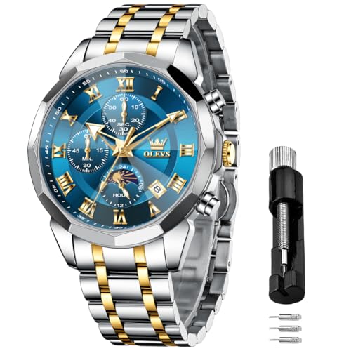 OLEVS Männer Uhr Quarz Luxus Business Uhren Multifunktion Chronograph Mondphase wasserdicht Leuchtend blaues Gesicht Silber Edelstahl Armbanduhren von OLEVS