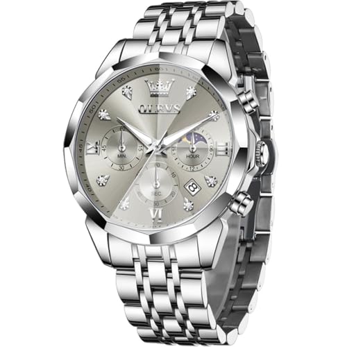 OLEVS Männer Uhr Quarz Luxus Business Uhren Multifunktion Chronograph Mondphase wasserdicht Leuchtend graues Gesicht Silber Edelstahl Armbanduhr von OLEVS